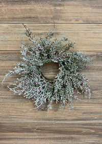 ITEM 81444 R - 3" INSIDE DIM, 11" OUTSIDE DIM GLITTERED CEDAR AND RED BERRIES CANDLE RING