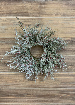 ITEM 81444 R - 3" INSIDE DIM, 11" OUTSIDE DIM GLITTERED CEDAR AND RED BERRIES CANDLE RING