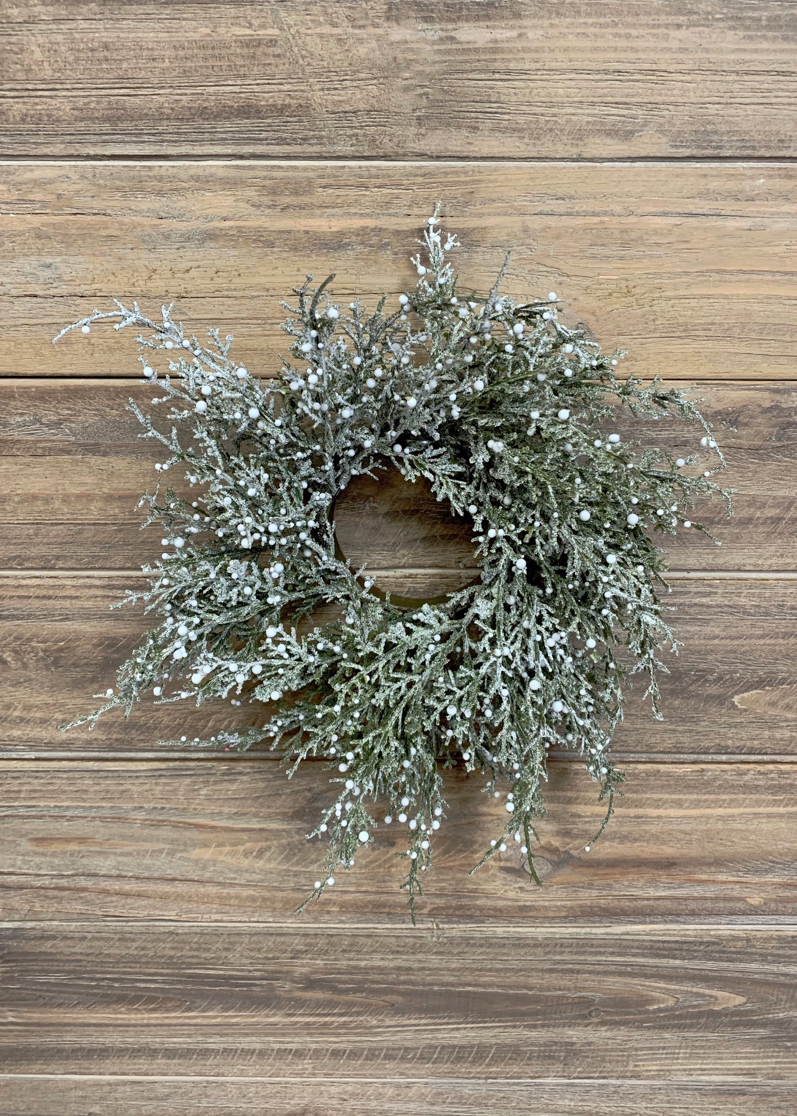 ITEM 81444 W - 3" INSIDE DIM, 11" OUTSIDE DIM GLITTERED CEDAR AND WHITE BERRIES CANDLE RING