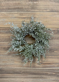 ITEM 81444 W - 3" INSIDE DIM, 11" OUTSIDE DIM GLITTERED CEDAR AND WHITE BERRIES CANDLE RING