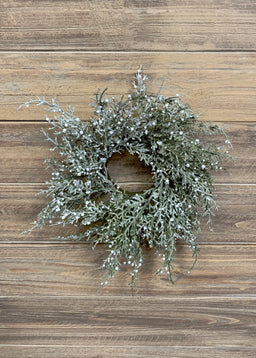 ITEM 81444 W - 3" INSIDE DIM, 11" OUTSIDE DIM GLITTERED CEDAR AND WHITE BERRIES CANDLE RING