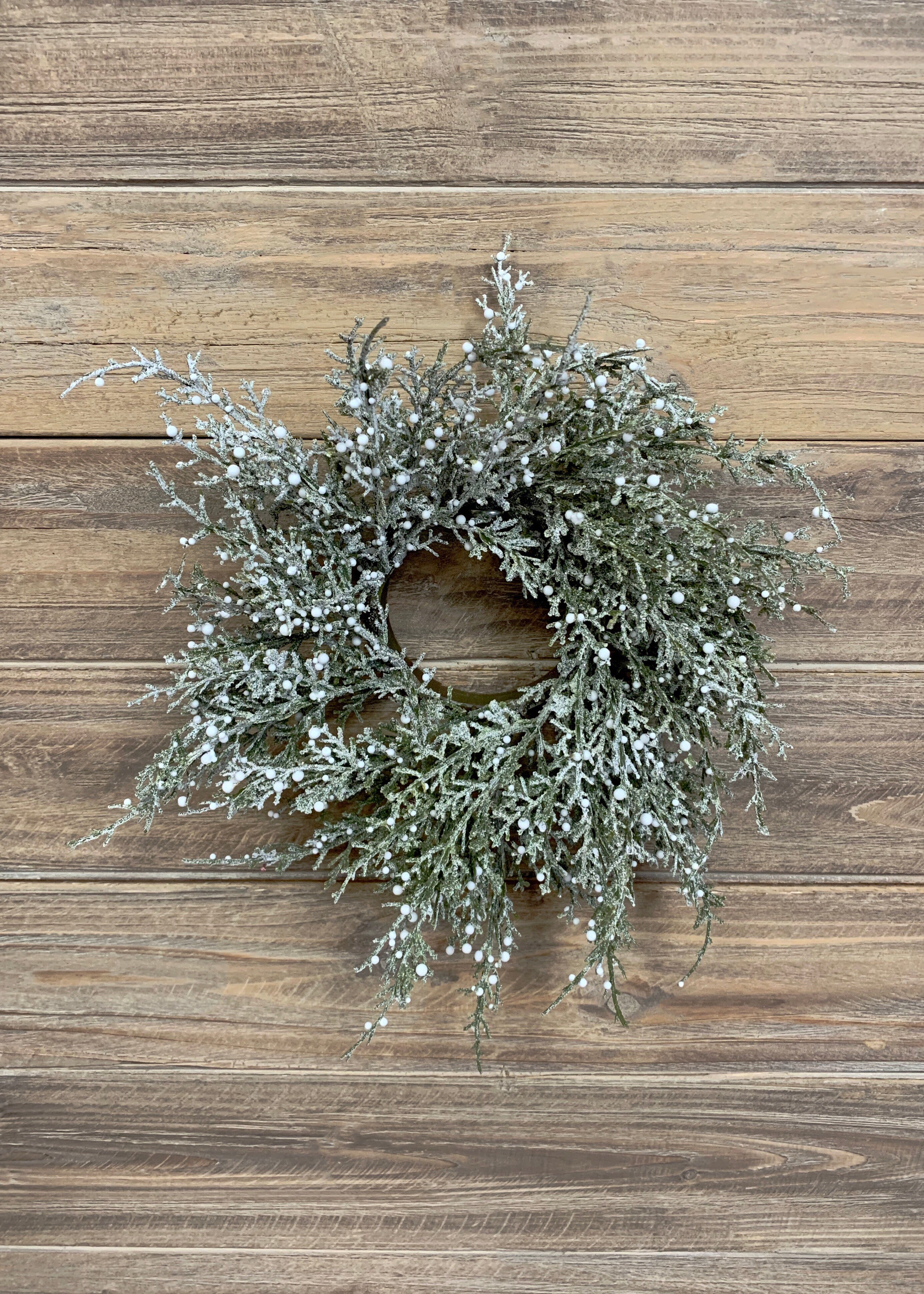 ITEM 81444 W - 3" INSIDE DIM, 11" OUTSIDE DIM GLITTERED CEDAR AND WHITE BERRIES CANDLE RING