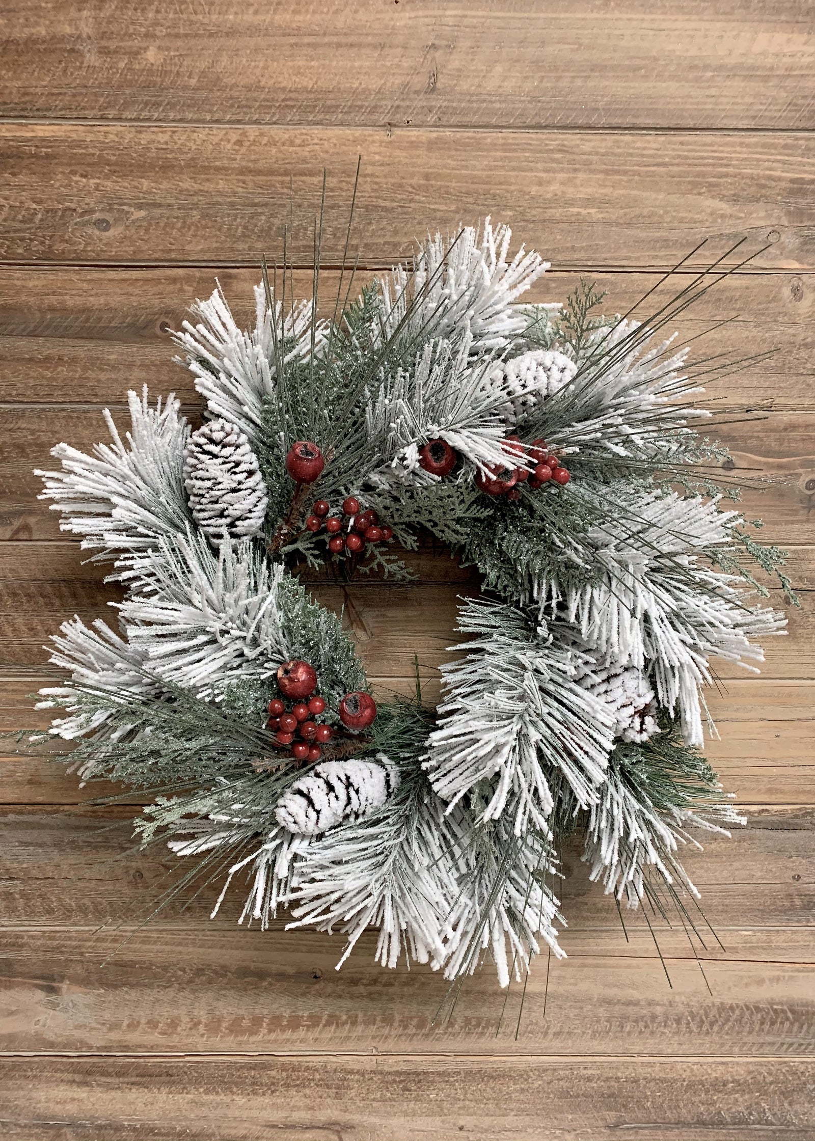 ITEM 81549 - 18" SNOWY LONG LEAF PINE WREATH WITH BERRIES AND PINE CONES