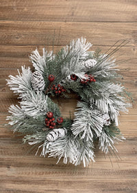 ITEM 81549 - 18" SNOWY LONG LEAF PINE WREATH WITH BERRIES AND PINE CONES