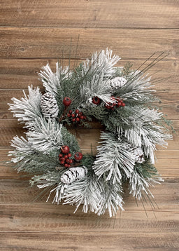 ITEM 81549 - 18" SNOWY LONG LEAF PINE WREATH WITH BERRIES AND PINE CONES