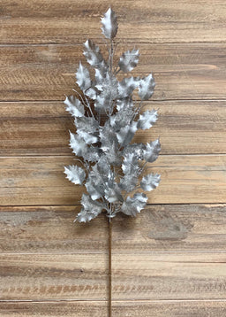 ITEM 81568 SILVER - 26" METALLIC GLITTERED SILVER HOLLY LEAF SPRAY