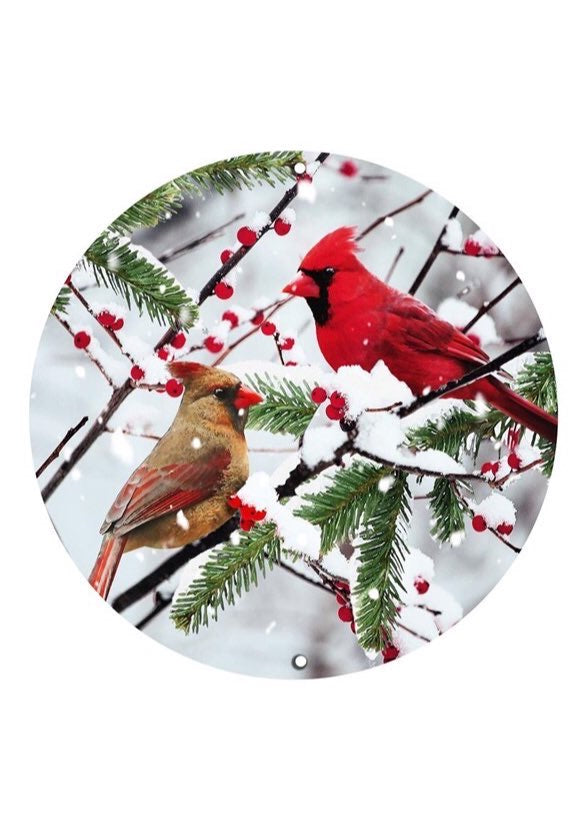 ITEM AP0343 - 12"D METAL CARDINALS ON SNOWY BRANCH WALL PLAQUE