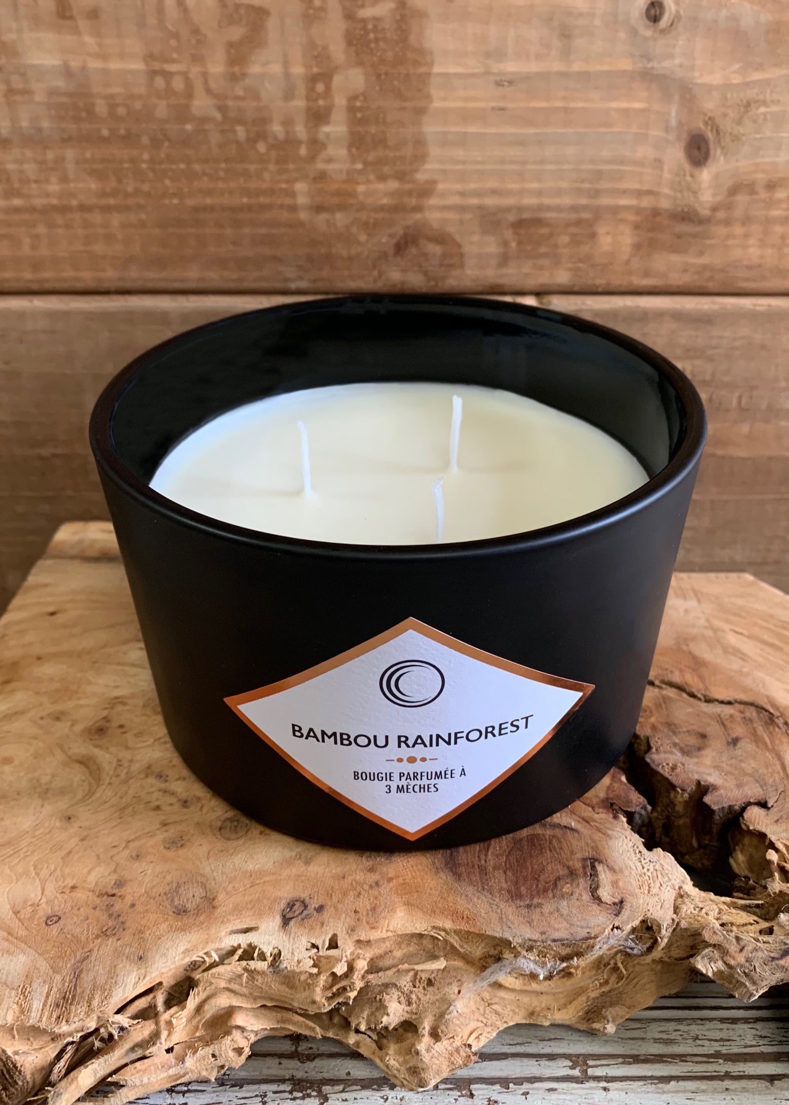 ITEM FG4009BR - 14oz BAMBOO RAINFOREST 3 WICK MATTE BLACK SCENTED CANDLE WITH LID