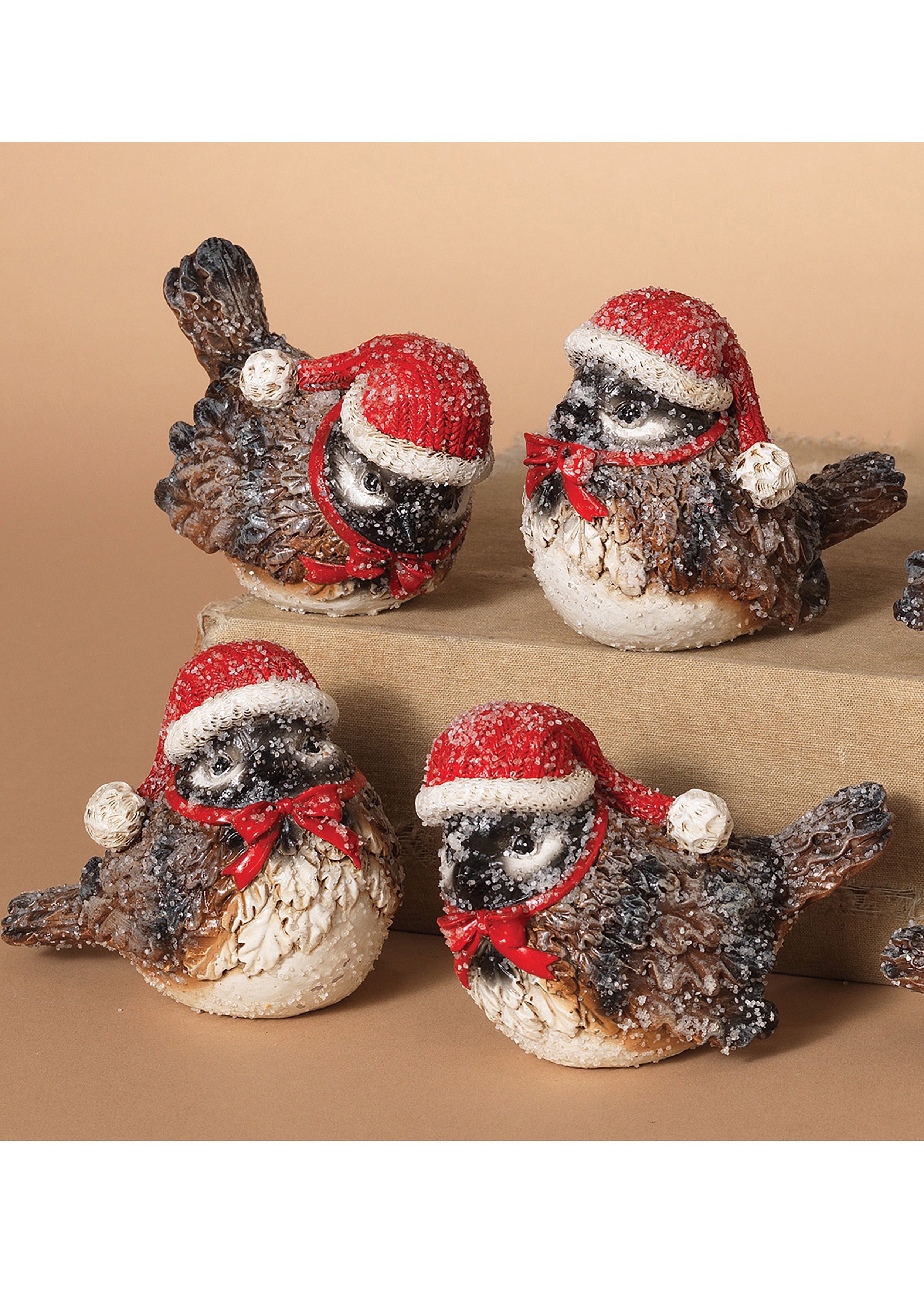 ITEM G2159390 - 3.75"L FROSTED RESIN HOLIDAY BIRD WEARING HAT AND BOW