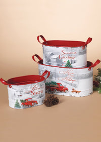 ITEM G2489110 - METAL HOLIDAY FARM SCENE OVAL BUCKETS - SET OF 3
