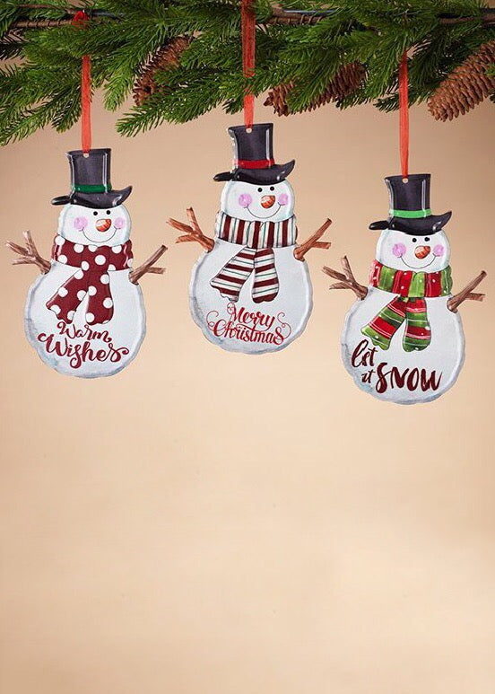 ITEM G2489180 - 8.25" METAL HOLIDAY SNOWMAN ONRAMENT WITH RIBBON
