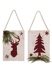 ITEM G2491220 -  16"H WOOD HOLIDAY WALL HANGING WITH RED PLAID, PINE AND BERRY - 2 ASSORTED