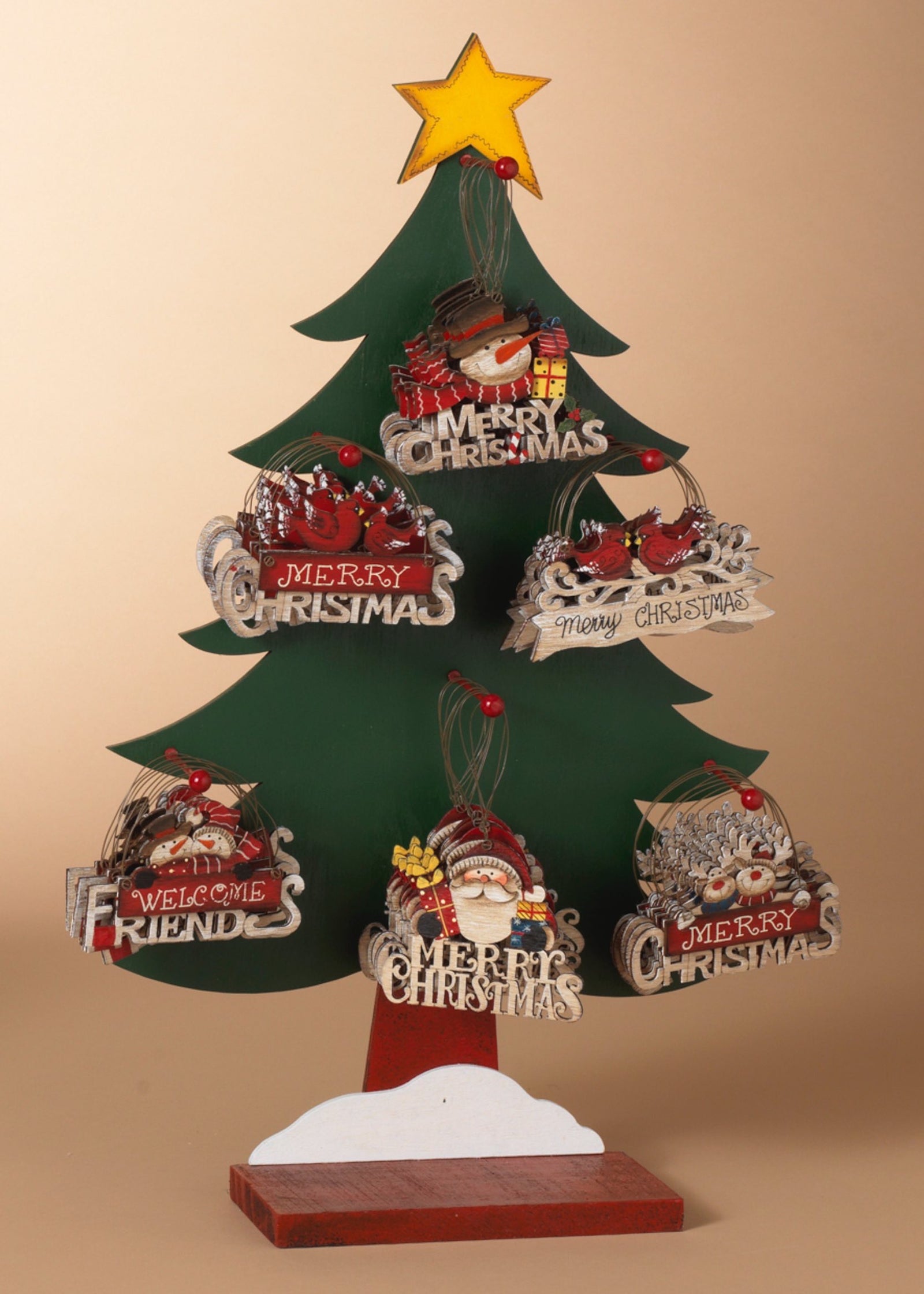 ITEM G2592580 - 4.6"L WOOD HOLIDAY ORNAMENT W/TREE DISPLAY