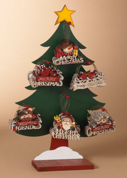 ITEM G2592580 - 4.6"L WOOD HOLIDAY ORNAMENT W/TREE DISPLAY