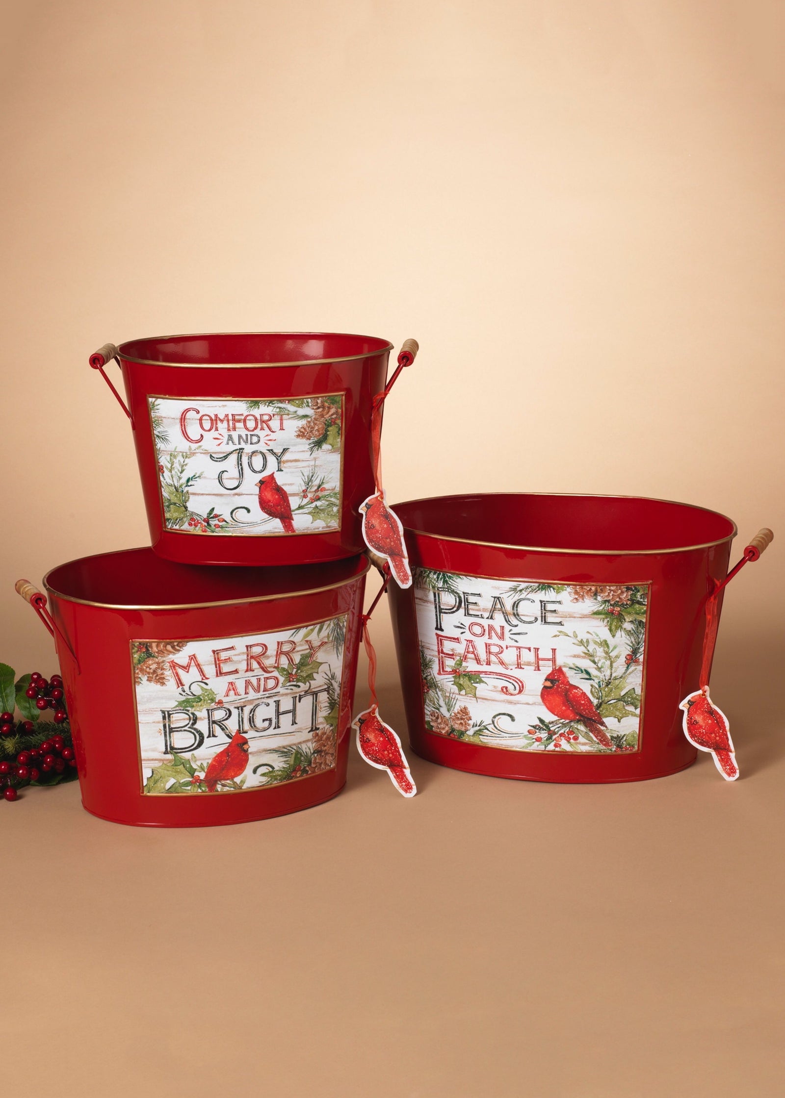 ITEM G2602980 - SET OF 3 METAL HOLIDAY CARDINAL DESIGN BUCKETS