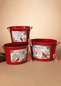 ITEM G2602980 - SET OF 3 METAL HOLIDAY CARDINAL DESIGN BUCKETS