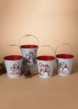 ITEM G2603020 - 8"H METAL HOLIDAY GNOME DESIGN BUCKET
