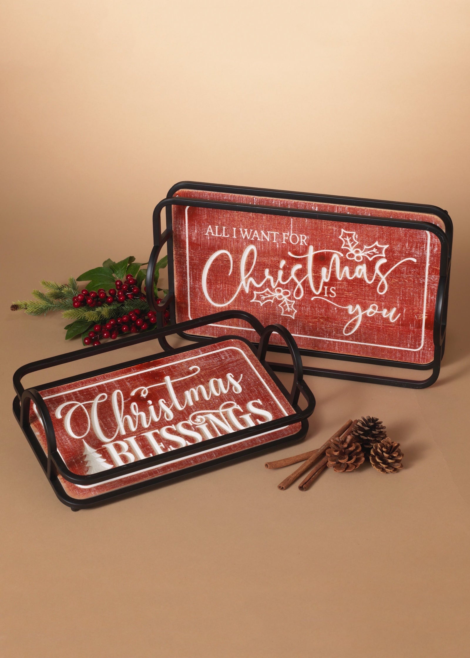 ITEM G2603070 - SET OF 2 METAL & ENGRAVED WOOD TRAYS