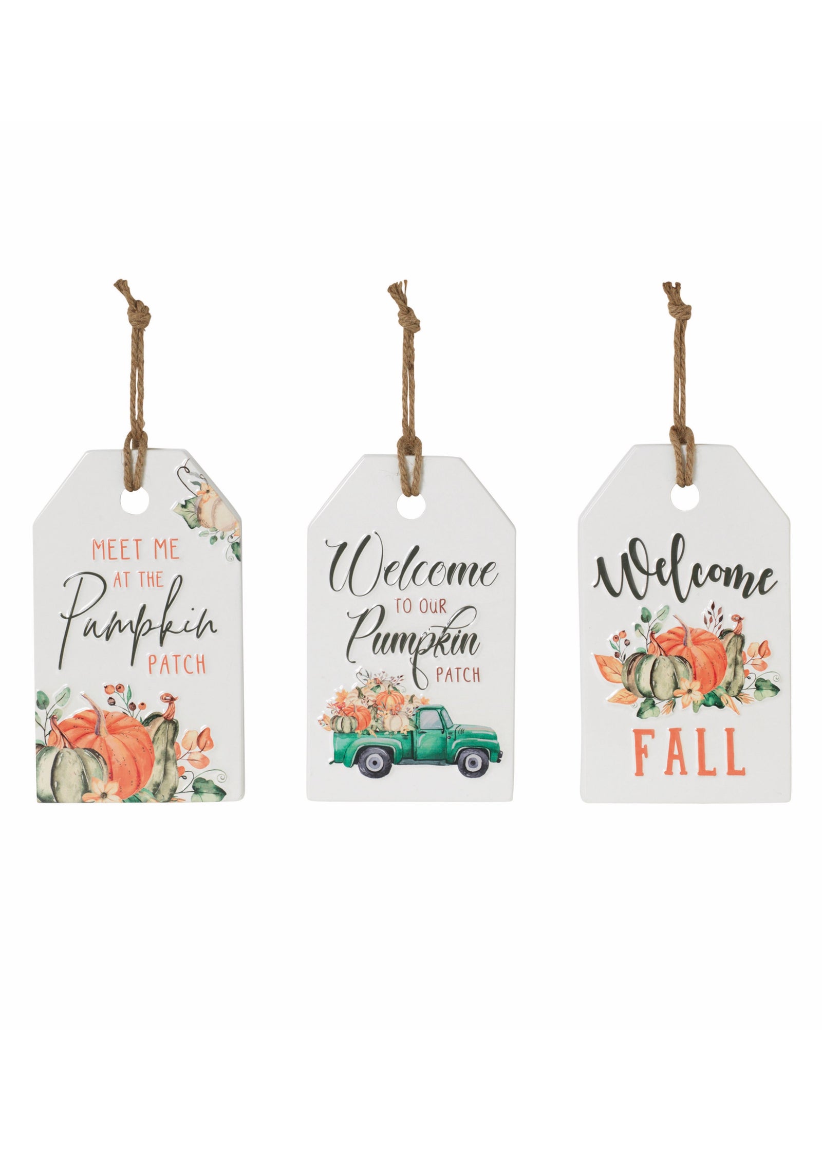 ITEM G2659090 - 12"H METAL HARVEST EMBOSSED WALL HANGING SIGN - 3 ASSORTED