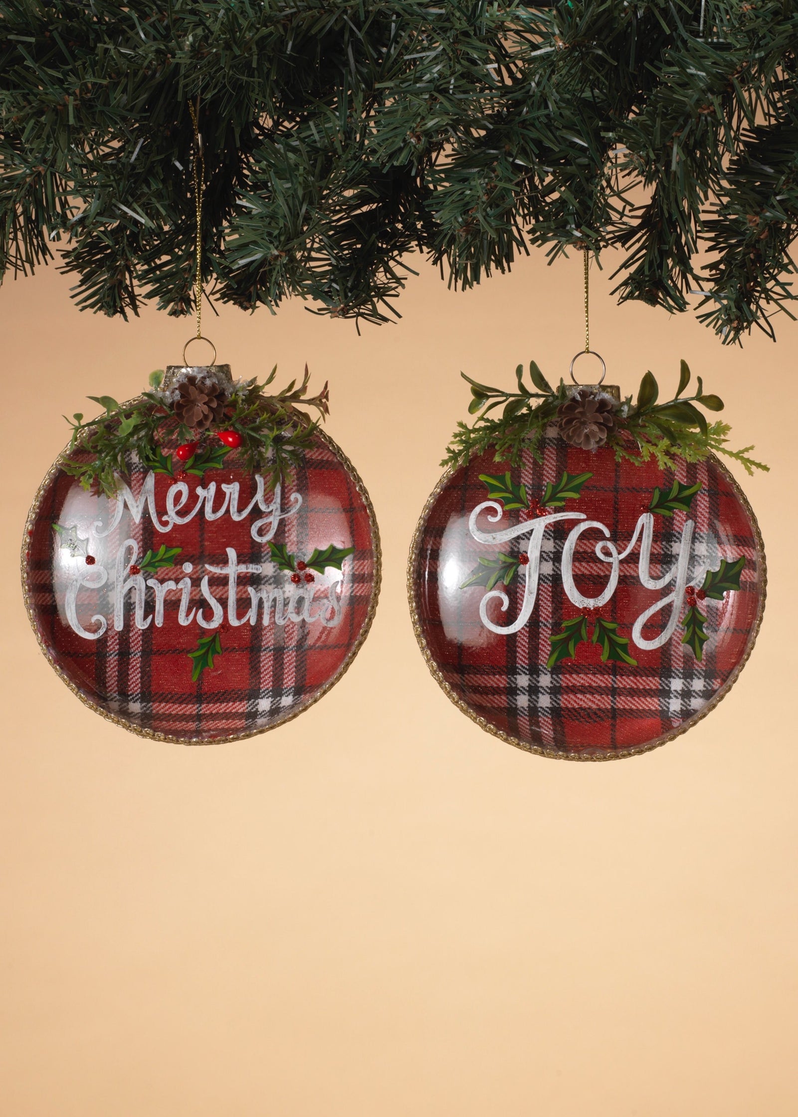 ITEM G2663910 - 4" GLASS DISK "MERRY CHRISTMAS" & "JOY" ORNAMENT