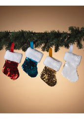 ITEM G2665100 - 6"L REVERSIBLE SEQUIN MINI STOCKING WITH FAUX FUR CUFF - 4 ASSORTED
