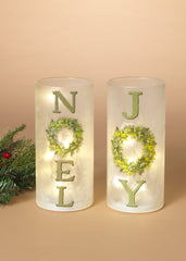 ITEM G2693960 - 7.9"H B/O LIGHTED FROSTED GLASS HOLIDAY CYLINDER LUMINARY