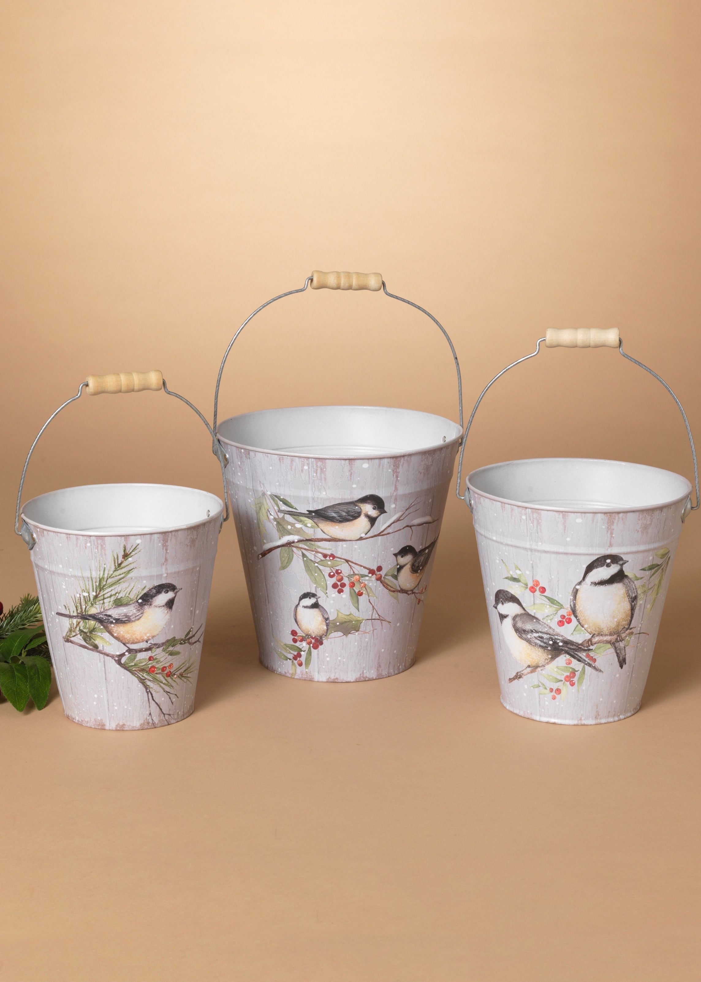 ITEM G2694140 - METAL HOLIDAY CHICKADEE DESIGN BUCKET SET OF 3