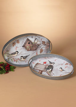 ITEM G2694180 - OVAL METAL HOLIDAY CHICKADEE DESIGN TRAY - SET OF 2