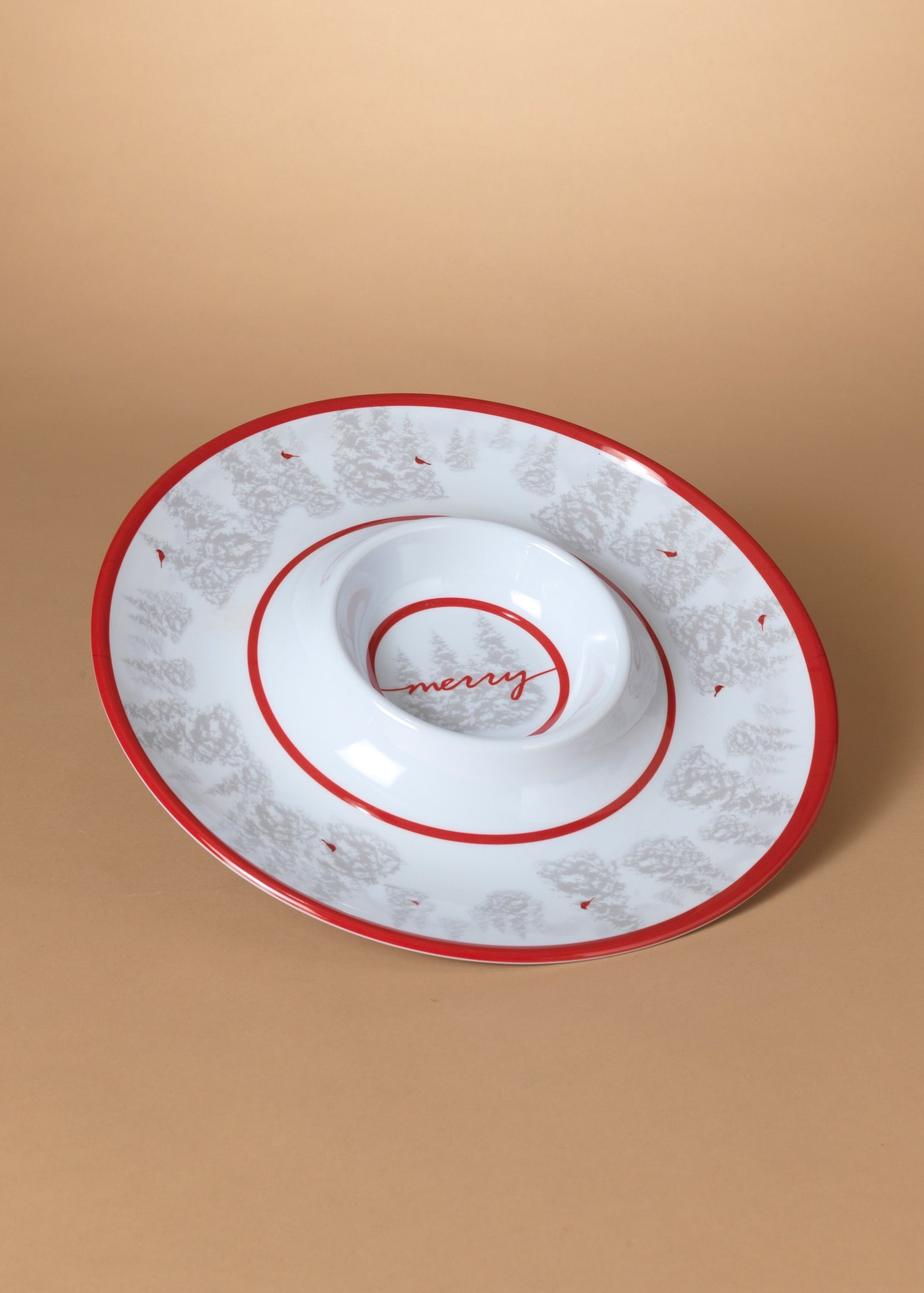 ITEM G2696320 - 14.96"D MELAMINE HOLIDAY CARDINAL DESIGN CHIP & DIP PLATE