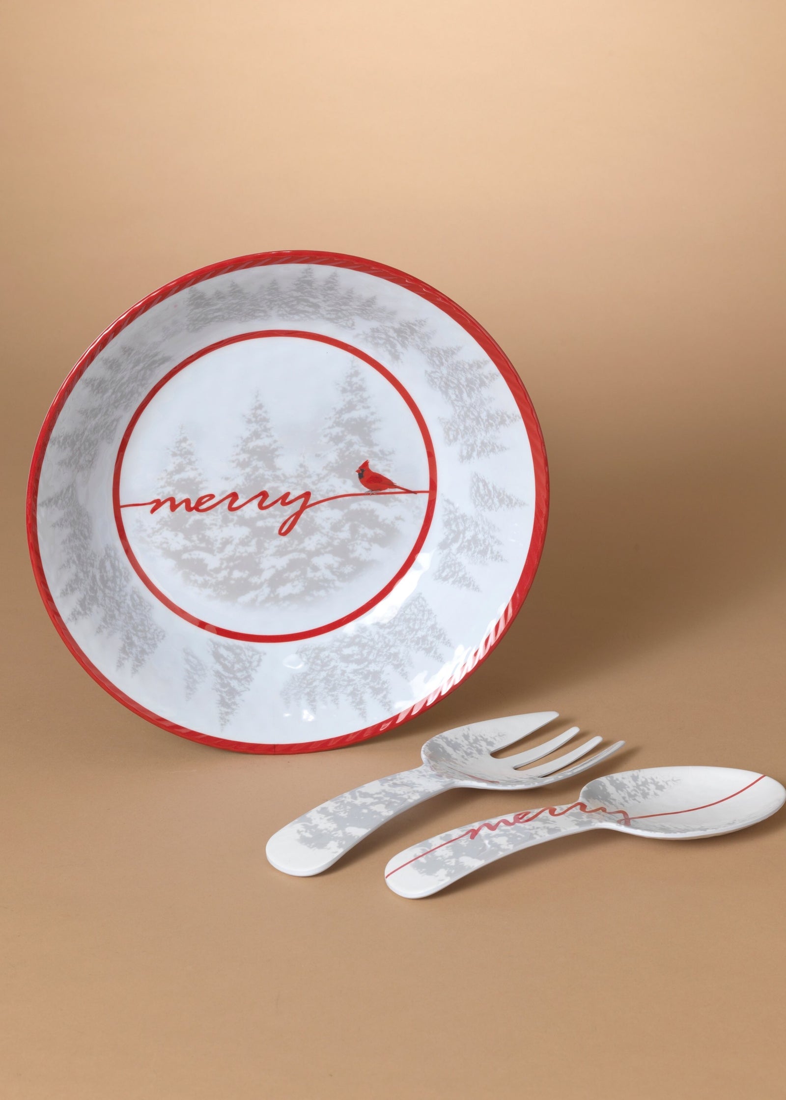 ITEM G2696330 - 12.9"D MELAMINE CARDINAL DESIGN SALAD BOWL, FORK & SPOON