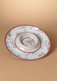 ITEM G2696360 - 14.96"D MELAMINE HOLIDAY CHICKADEE DESIGN CHIP & DIP PLATE