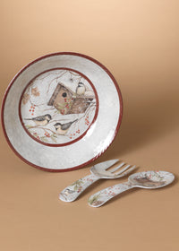 ITEM G2696370 - 12.9"D MELAMINE HOLIDAY CHICKADEE DESIGN SALAD BOWL, FORK & SPOON
