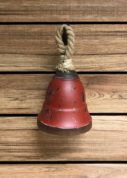 ITEM KE129931 - 7" X 7" TIN ANTIQUE RED GALVANIZED BELL WJUTE ROPE