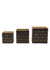 ITEM KE254530 - 4.25"-6.25" METAL BLACK GOLD SQUARE SMALL SNOWFLAKE CUT OUT CANDLE HOLDERS - SET OF 3