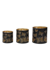 ITEM KE254630 - 4.25"-6.25" METAL BLACK GOLD ROUND LARGE BUTTERFLY CUT OUT CANDLE HOLDERS - SET OF 3