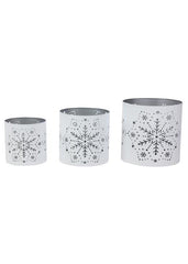 ITEM KE255332 - 4.25"-6.25" METAL WHITE SILVER ROUND LARGE SNOWFLAKE CUT OUT CANDLE HOLDERS - SET OF 3
