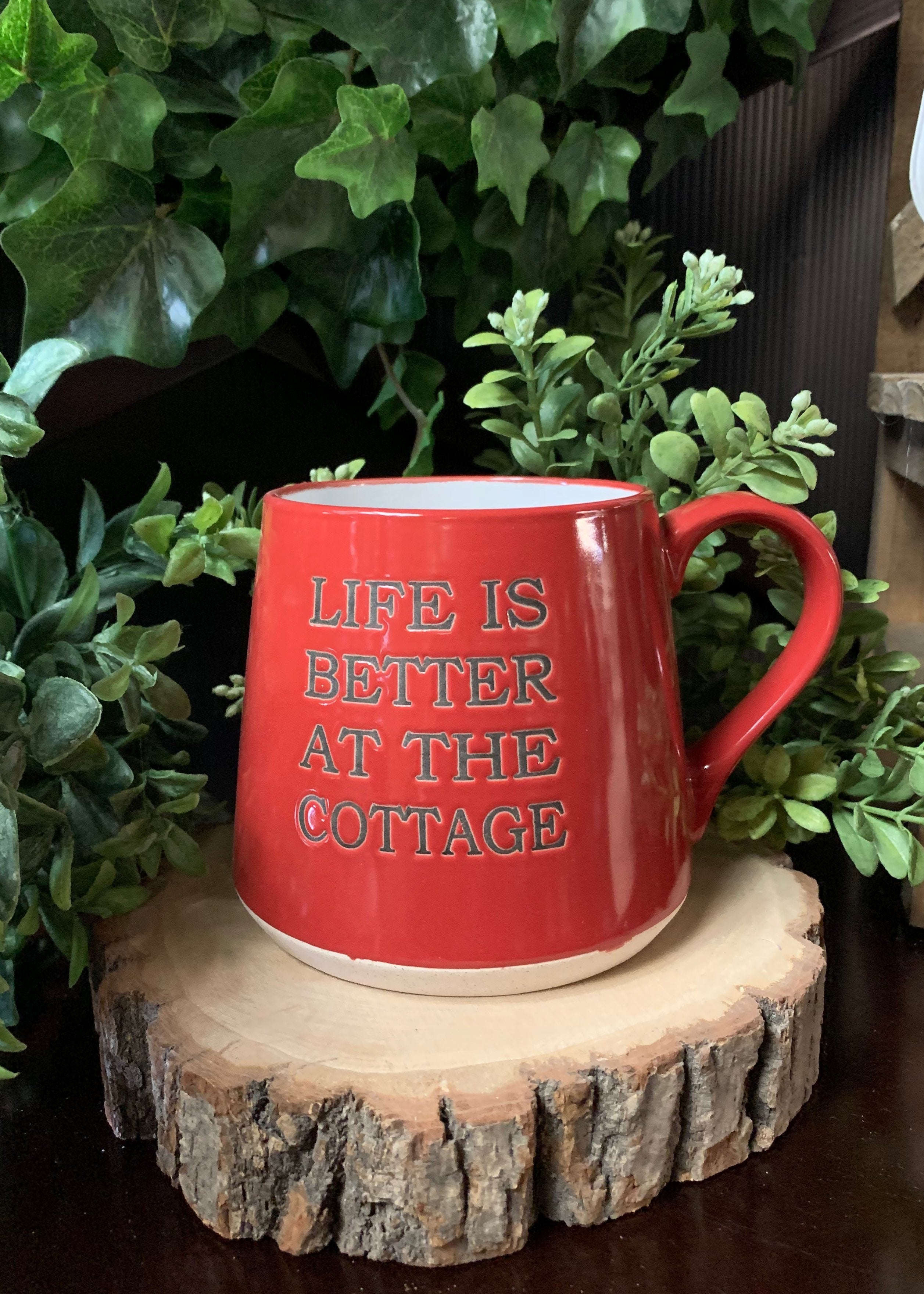 ITEM KOP 25143 -  3.75inX4in "LIFE IS BETTER AT THE COTTAGE" FAT BOTTOM MUG