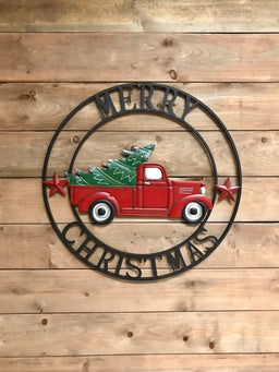 ITEM KOP 41709 - 22" METAL MERRY CHRISTMAS WITH TRUCK WALL ART ©