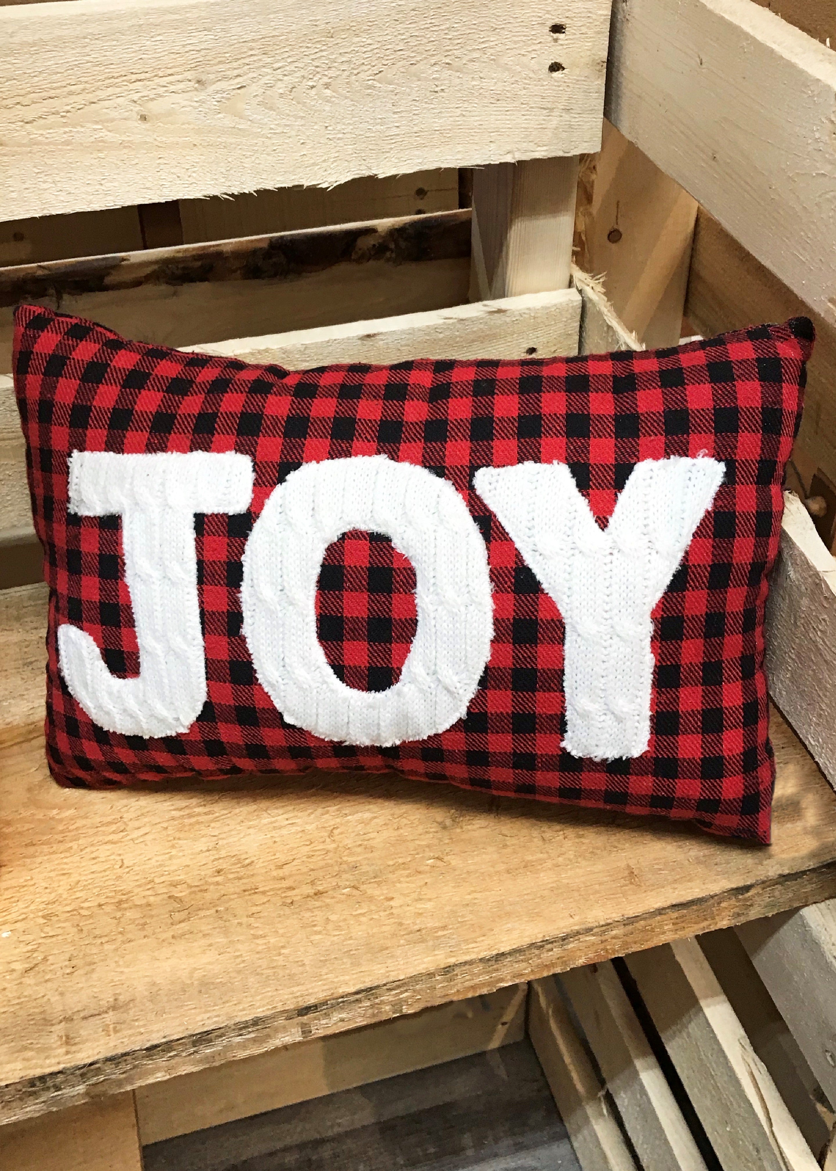 ITEM KOP 46613 - 14inX8inX4.75in RED/BLACK PLAID EMBROIDERED JOY PILLOW