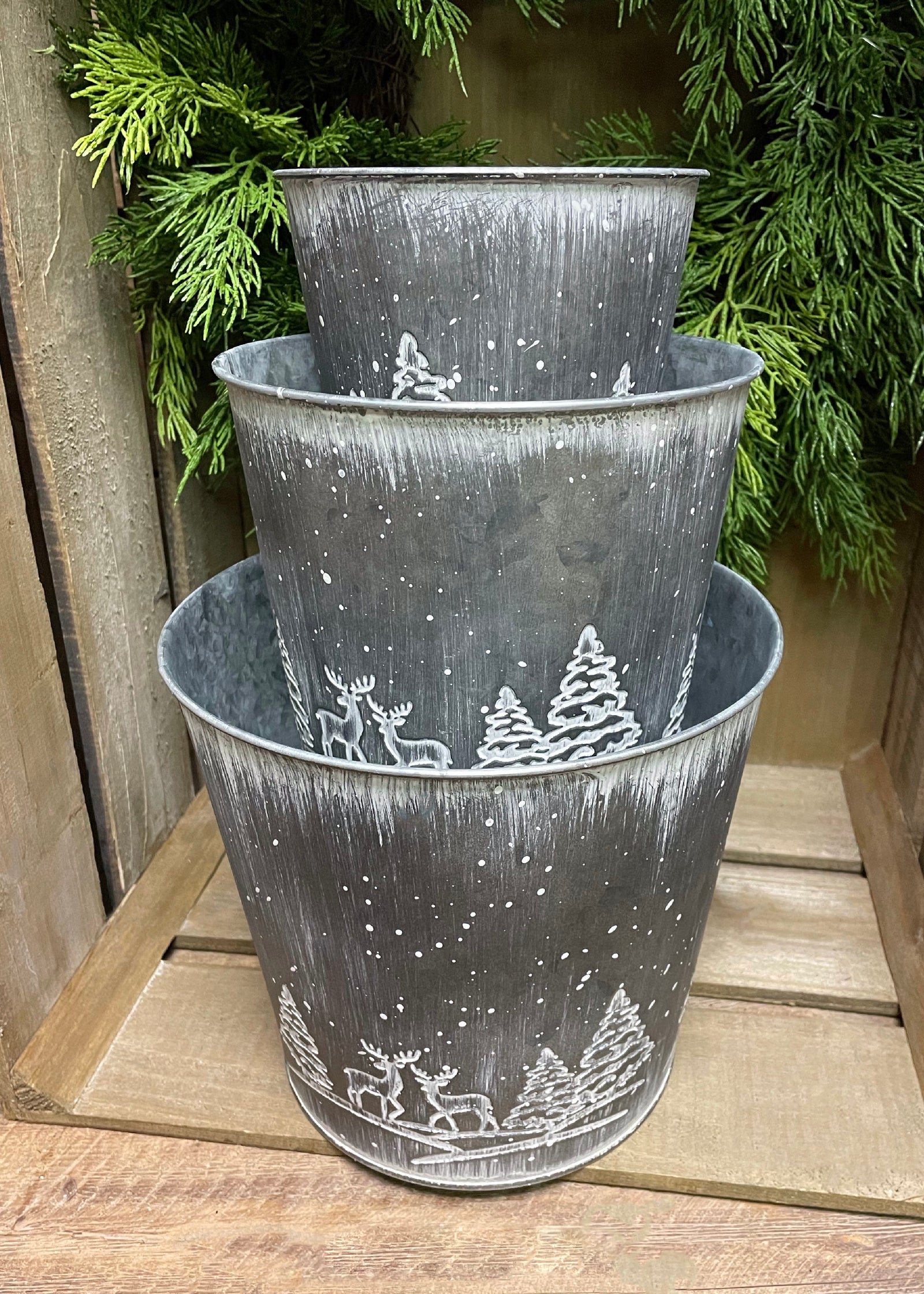 ITEM KOP 46867 - METAL PLANTERS WITH REINDEERS & TREE DESIGN - SET OF 3