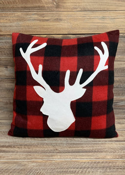 ITEM KOP 47086 - 17.5inX17.5in FLEECE BUFFALO PLAID PILLOW WITH DEER