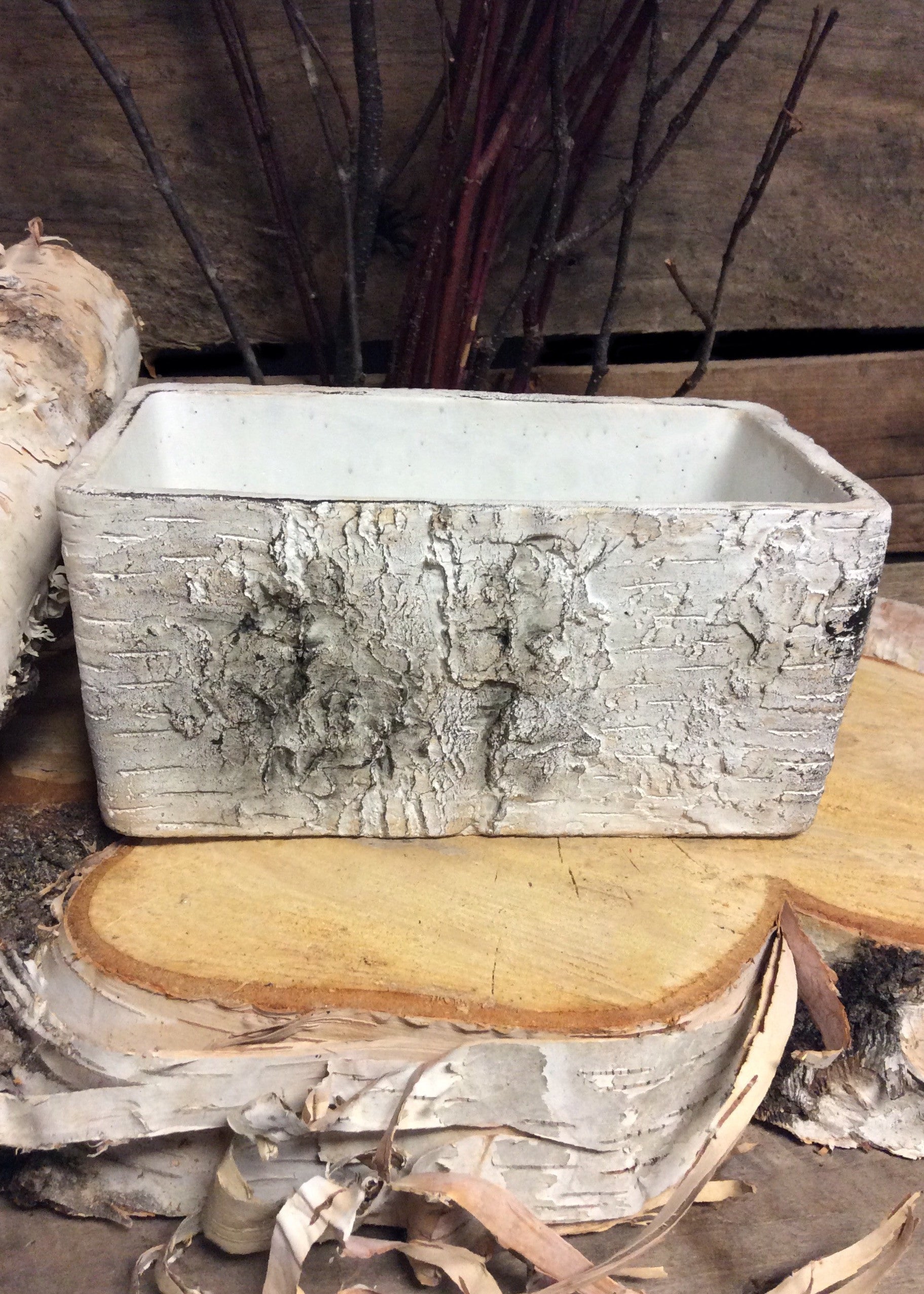 ITEM MX031835 - CEMENT RECTANGLE BIRCH PLANTER