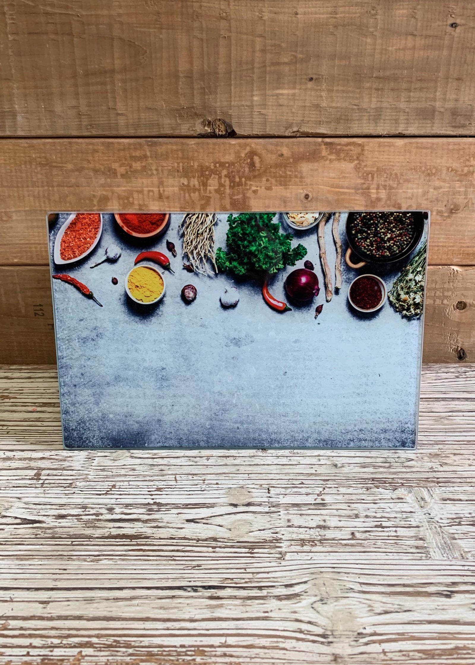 ITEM NOV1650HS -  8inX12in HERBS & SPICES PRINTED GLASS CUTTING BOARD
