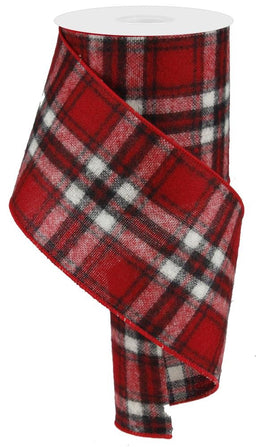 ITEM RG01749 - 4"X10YD RED/BLACK/WHITE FUZZY WOVEN PLAID RIBBON