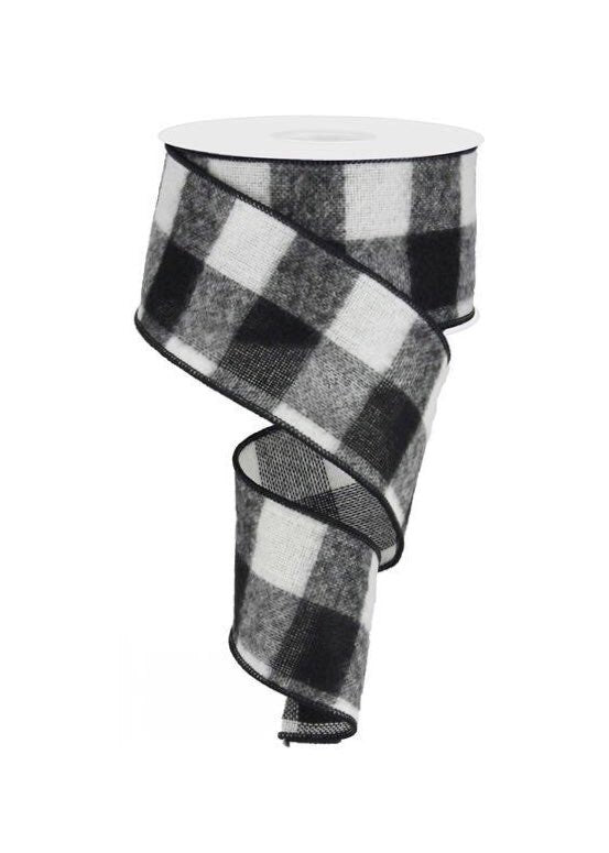 ITEM RG01756CF - 2.5"X10YD FUZZY BLACK/WHITE LARGE CHECK WIRED RIBBON
