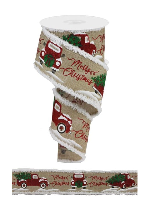 ITEM RG082751C - 2.5"X10YD LIGHT BEIGE MERRY CHRISTMAS TRUCK WITH TREE RIBBON