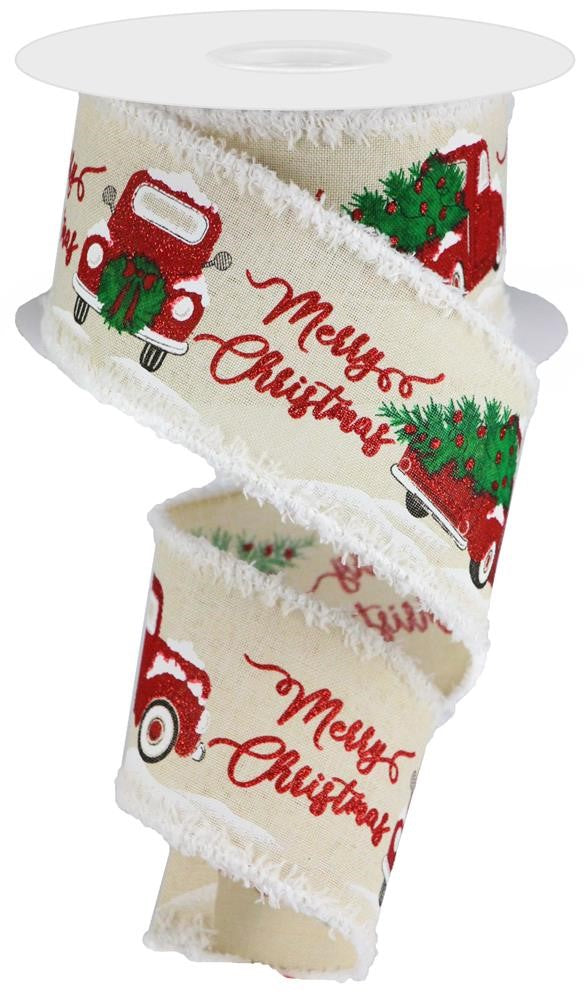 ITEM RG0827538 - 2.5"X10YD CREAM MERRY CHRISTMAS TRUCK WITH TREE RIBBON