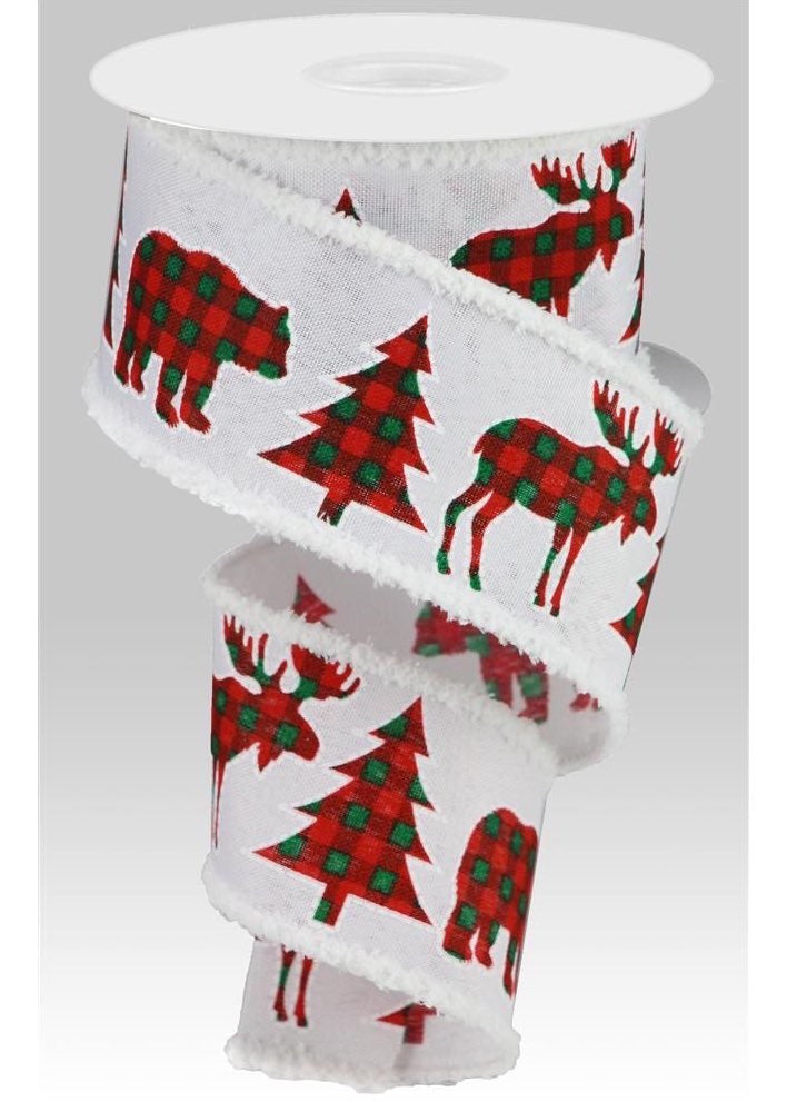 ITEM RG0830027 - 2.5"X10YD WHITE/RED/EMERALD CHECK/BEAR/DEER/TREE DRIFT WIRED RIBBON