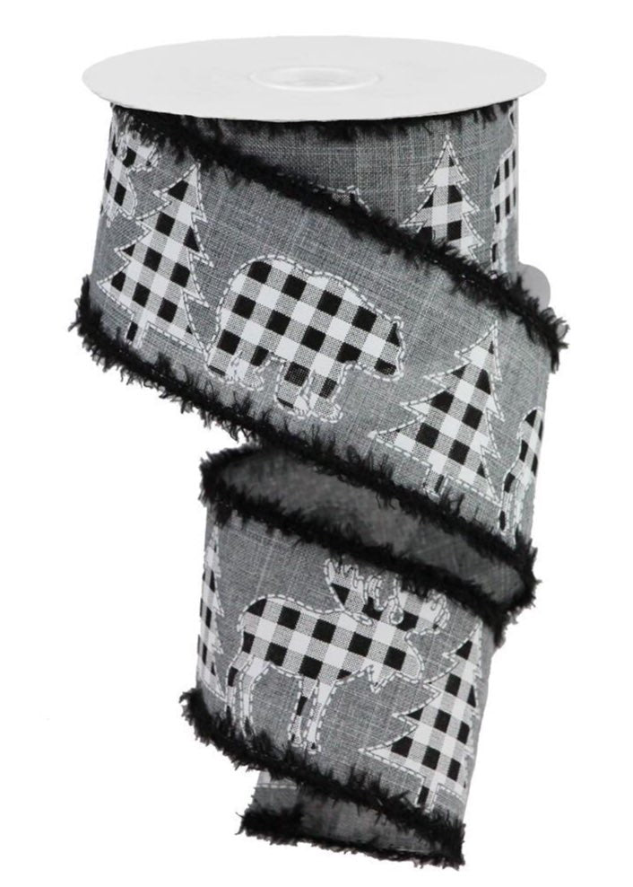 ITEM RG08449NX - 2.5"X10YD DKGY/BLACK/WHITE MOOSE/BEAR/TREE DRIFT WIRED RIBBON