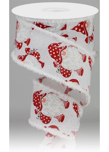 ITEM RG0883827 - 2.5"X10YD WHITE WITH RED HAT GNOMES ON ROYAL DRIFT WIRED RIBBON
